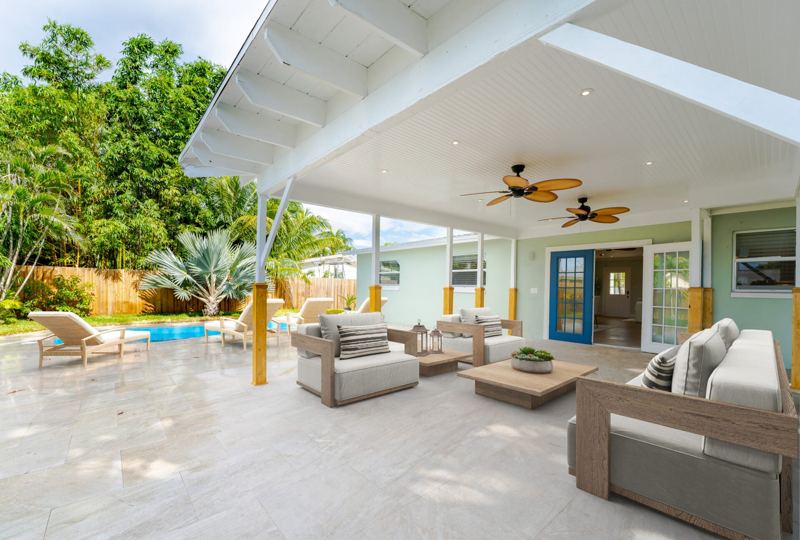 Covered patio and living area after remodeling